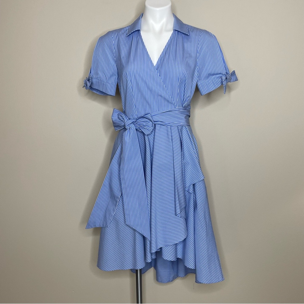 Eliza J Light Blue Striped Cotton Faux Wrap Asymmetrical High Low Dress